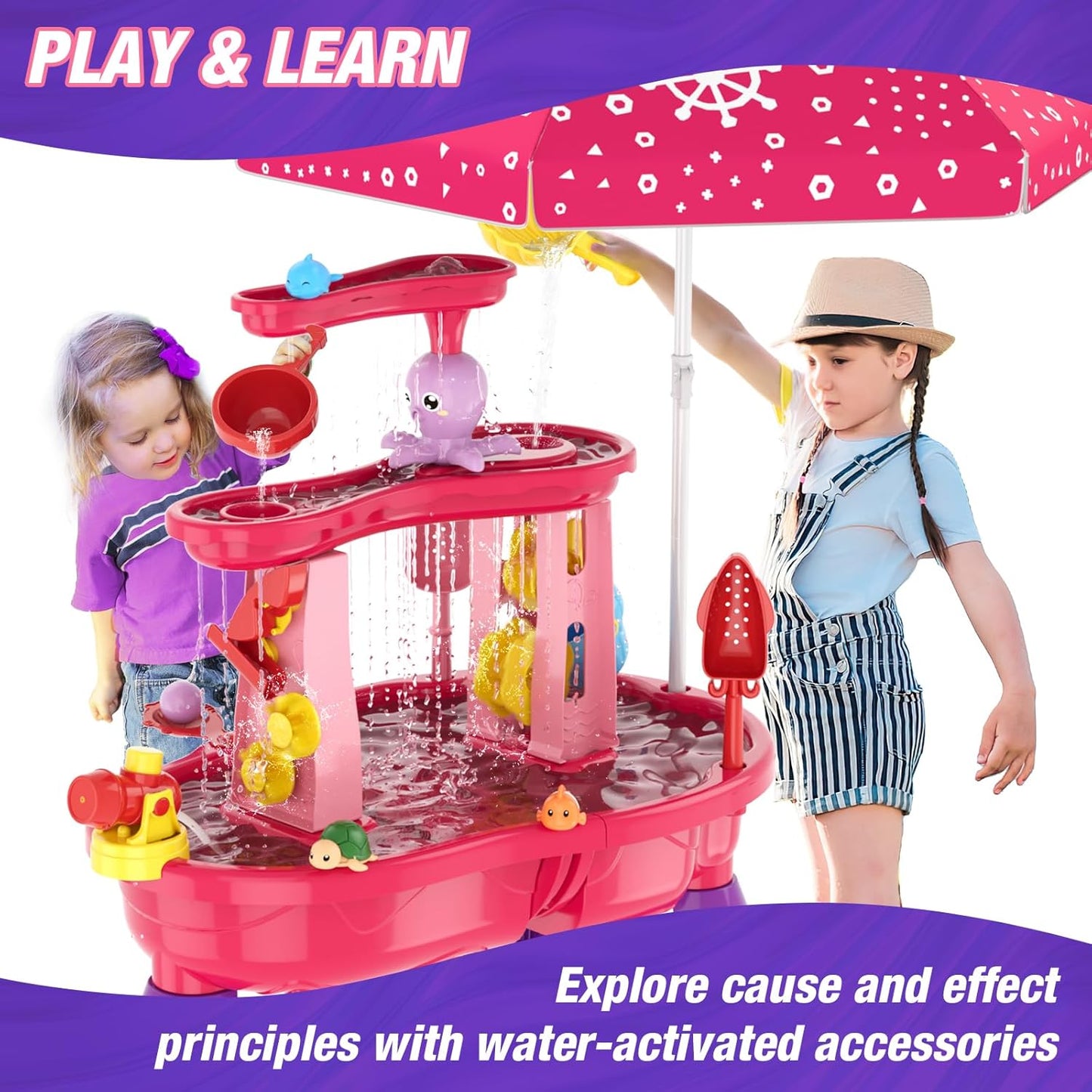 Water Table for Toddlers 3-5, 3-Tier Kids Splash Sand Table Water Toys with Umbrella, Rain Showers Splash Pond for Outdoor Beach Backyard Summer, Activity Sensory Playset for Boys Girls, Blue