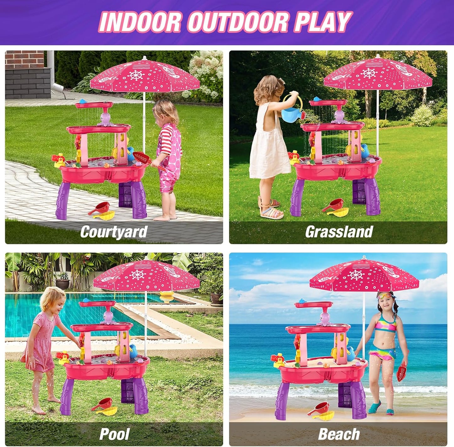 Water Table for Toddlers 3-5, 3-Tier Kids Splash Sand Table Water Toys with Umbrella, Rain Showers Splash Pond for Outdoor Beach Backyard Summer, Activity Sensory Playset for Boys Girls, Blue